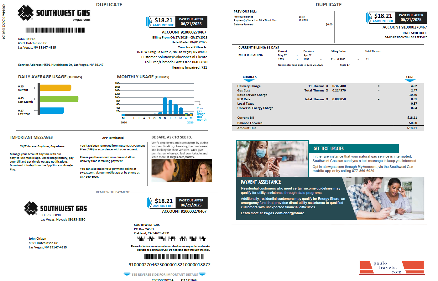 USA Southwest Gas utility bill template in Word and PDF formats, 2 pages